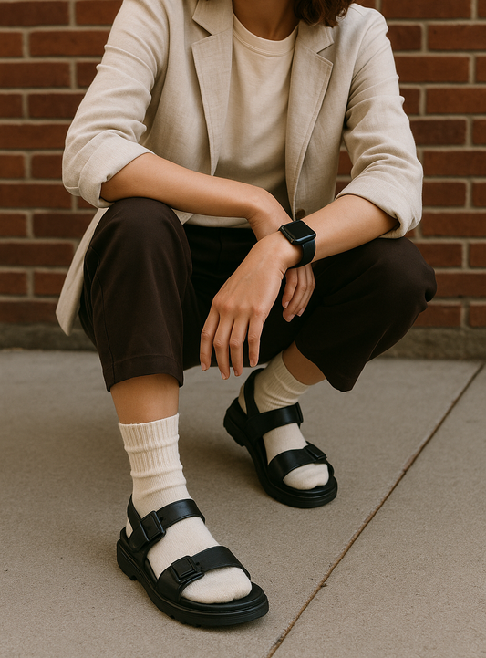 A stylish woman wears socks with sandals in a bold, modern look. The outfit shows how socks can be a fun way to express personal style.