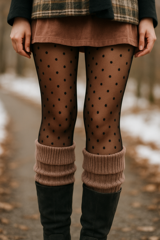 Layered & Lovely: A masterclass in winter layering. Sheer polka dot tights paired with chunky ribbed leg warmers and suede boots. Soft textures meet playful details, proving that warmth and style can go hand in hand.