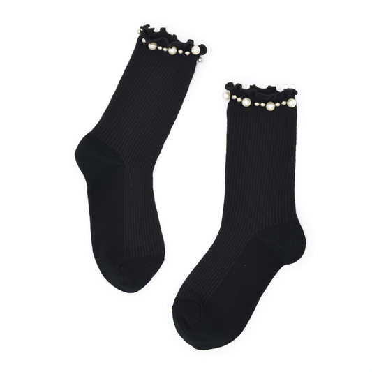 Lettuce Ruffle & Pearl Quarter Crew Socks - Black