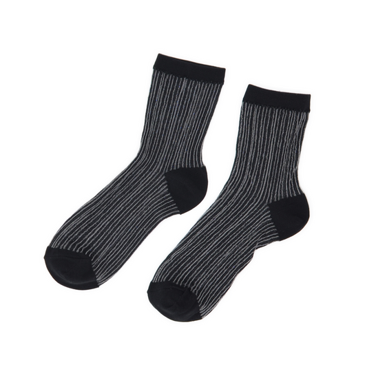 Semi Sheer Lines Quarter Crew Socks - Black
