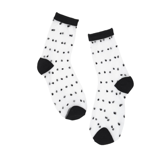 Black sheer socks with black dots and cuffs on a white background