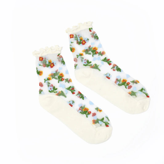 Pair of socks with floral pattern on a white background