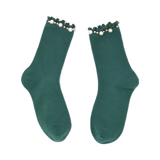 Lettuce Ruffle & Pearl Quarter Crew Socks - Green