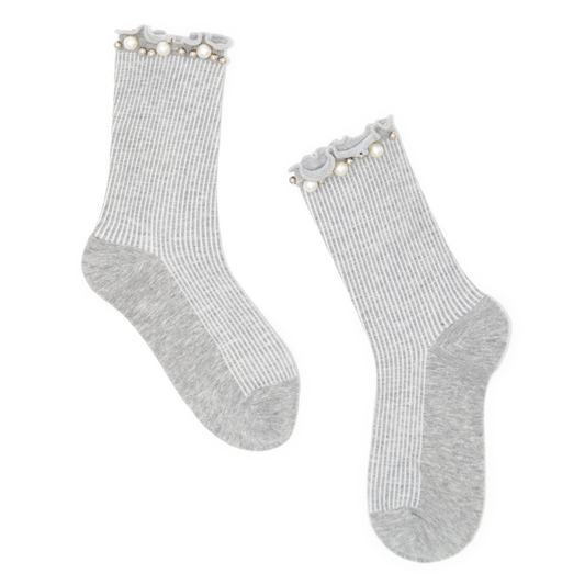Lettuce Ruffle & Pearl Quarter Crew Socks - Grey