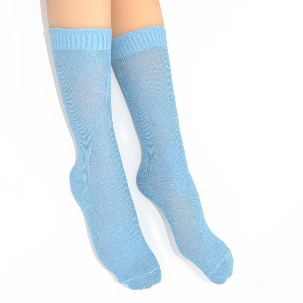 Light blue crew socks on a white background