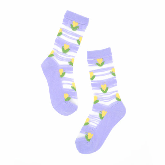 Pair of light purple socks with yellow tulip patterns on a white background