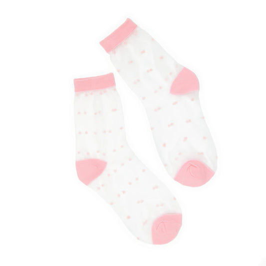 Pair of pink socks with pink dots on a white background