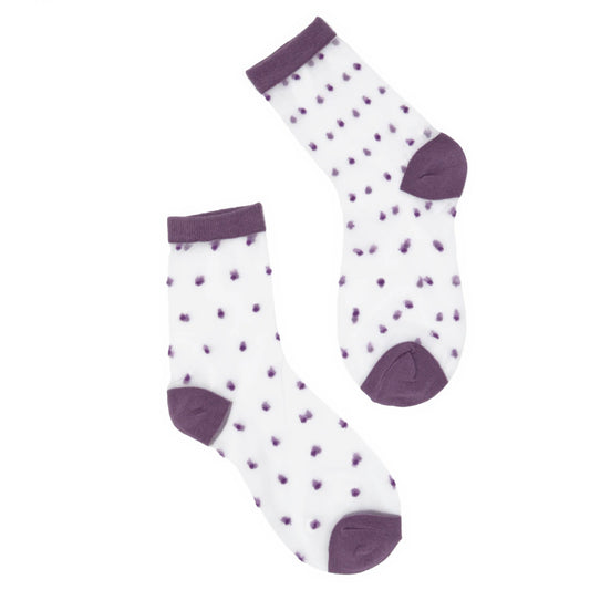 Pair of socks with purple polka dots on a white background