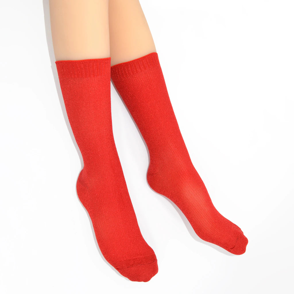 Red crew socks on a white background