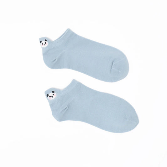 A pair of sky blue no show socks with an embroidered panda heel tab.