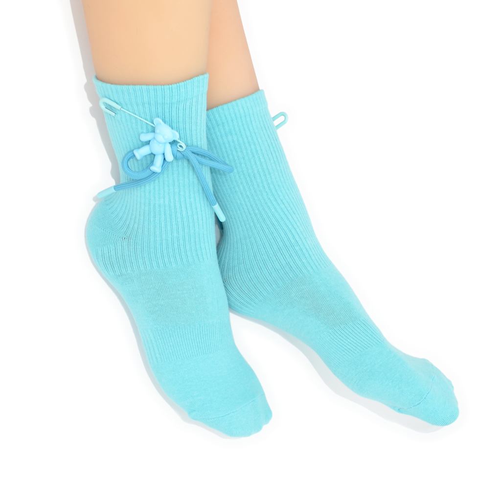 Teddy Bow Charm Quarter Crew Socks - Aqua
