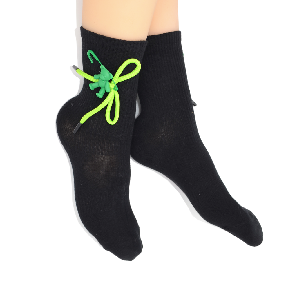 Teddy Bow Charm Quarter Crew Socks - Black