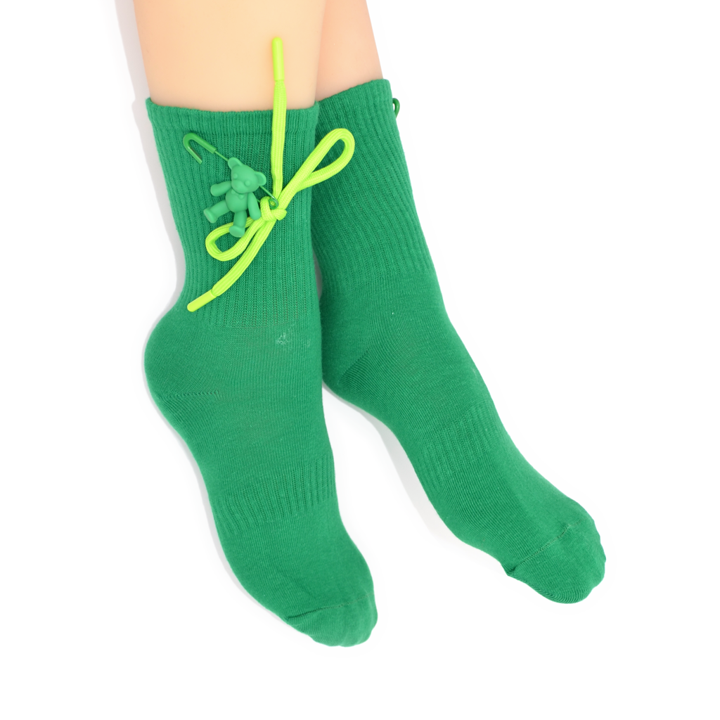 Teddy Bow Charm Quarter Crew Socks - Green