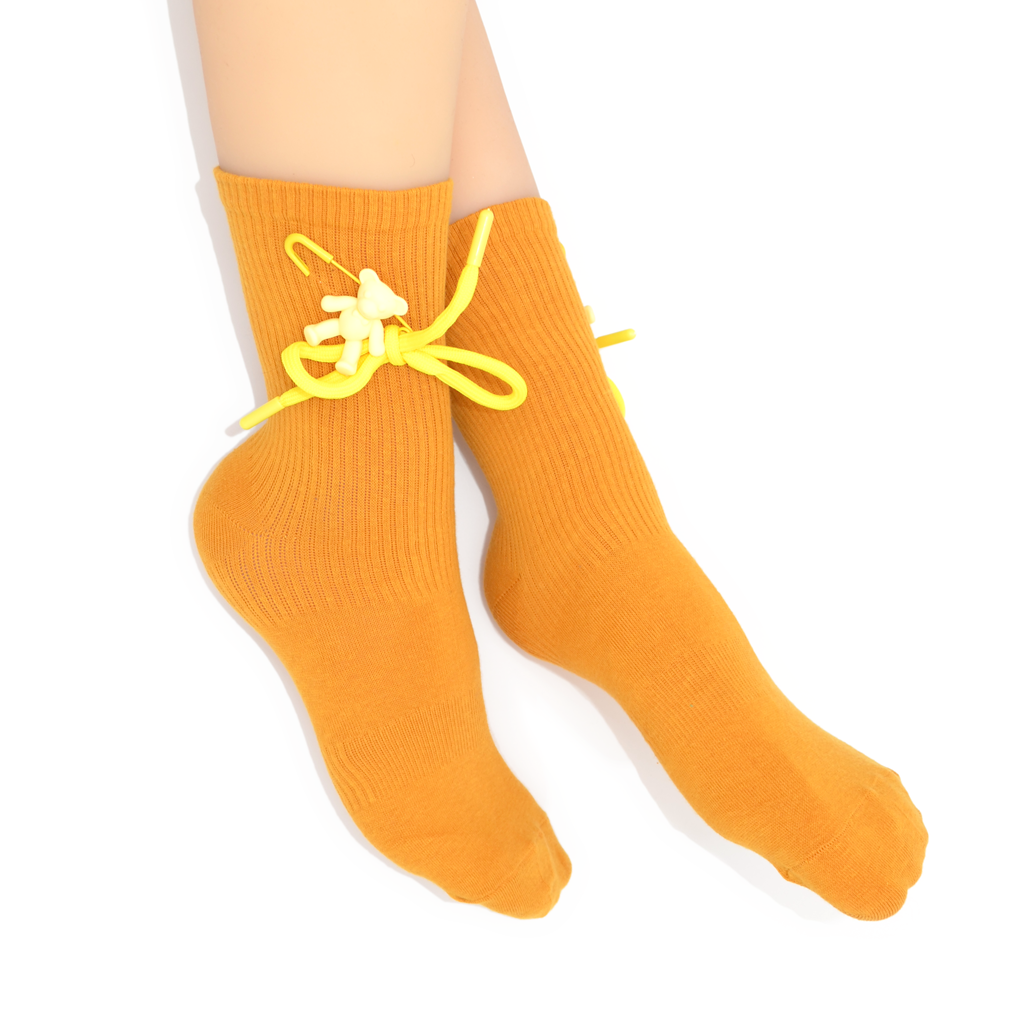 Teddy Bow Charm Quarter Crew Socks - Yellow
