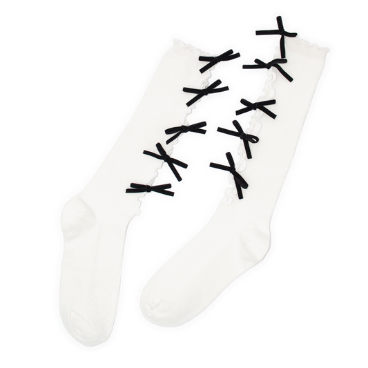 Velvet Bow Knee High Sock - White
