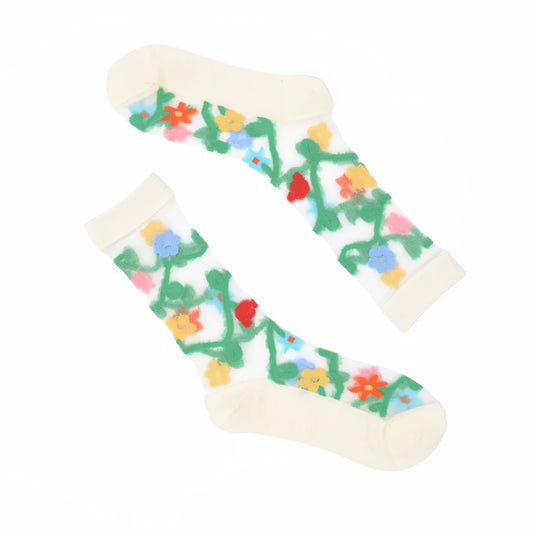 Colorful floral-patterned socks on a white background