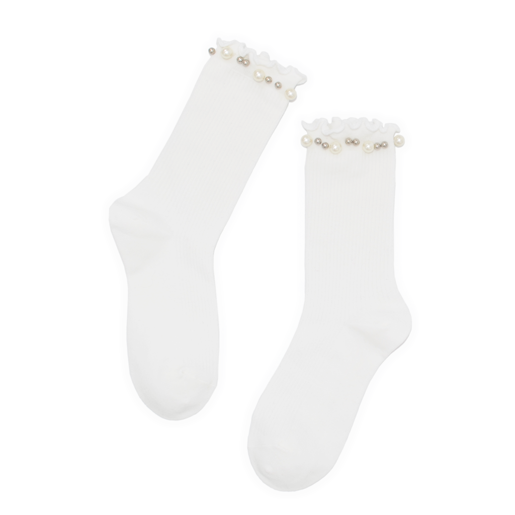 Lettuce Ruffle & Pearl Quarter Crew Socks - White