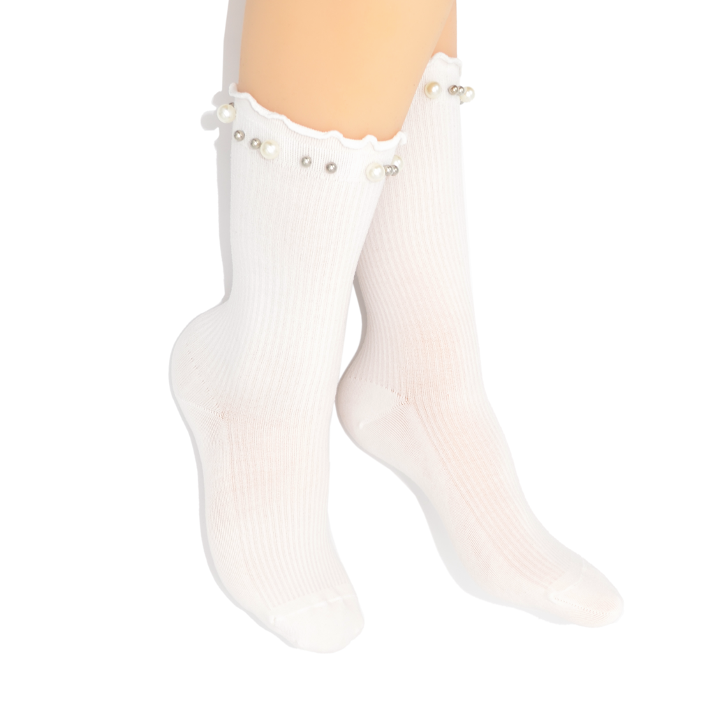 Lettuce Ruffle & Pearl Quarter Crew Socks - White