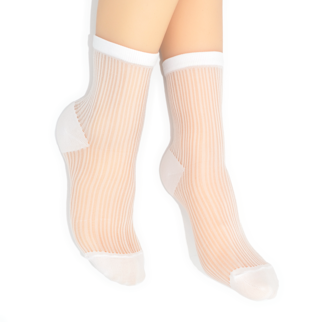 Semi Sheer Lines Quarter Crew Socks - White