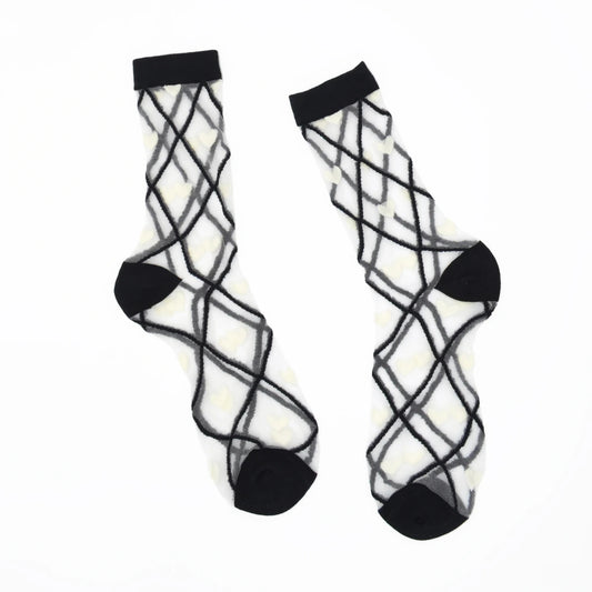 a pair of sheer base mesh socks with black contrast toe heel and cuffs with white hearts and black criss cross pattern
