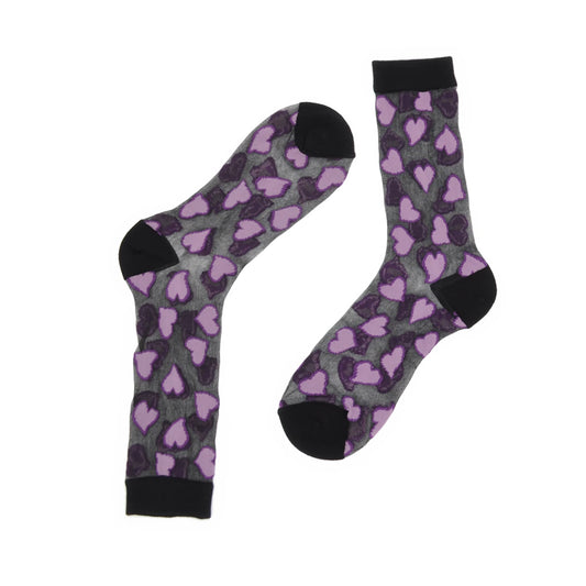 Pair of socks with purple heart pattern on a white background