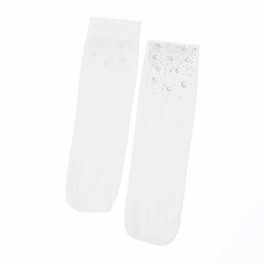 Two white socks with glittery heart crystals on a white background