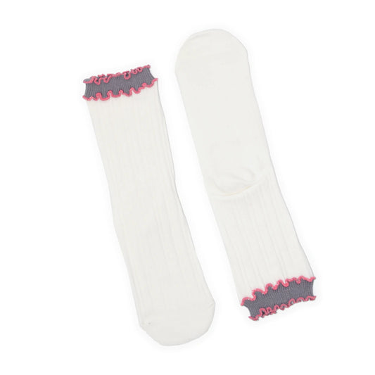 White socks with pink and gray trim on a white background