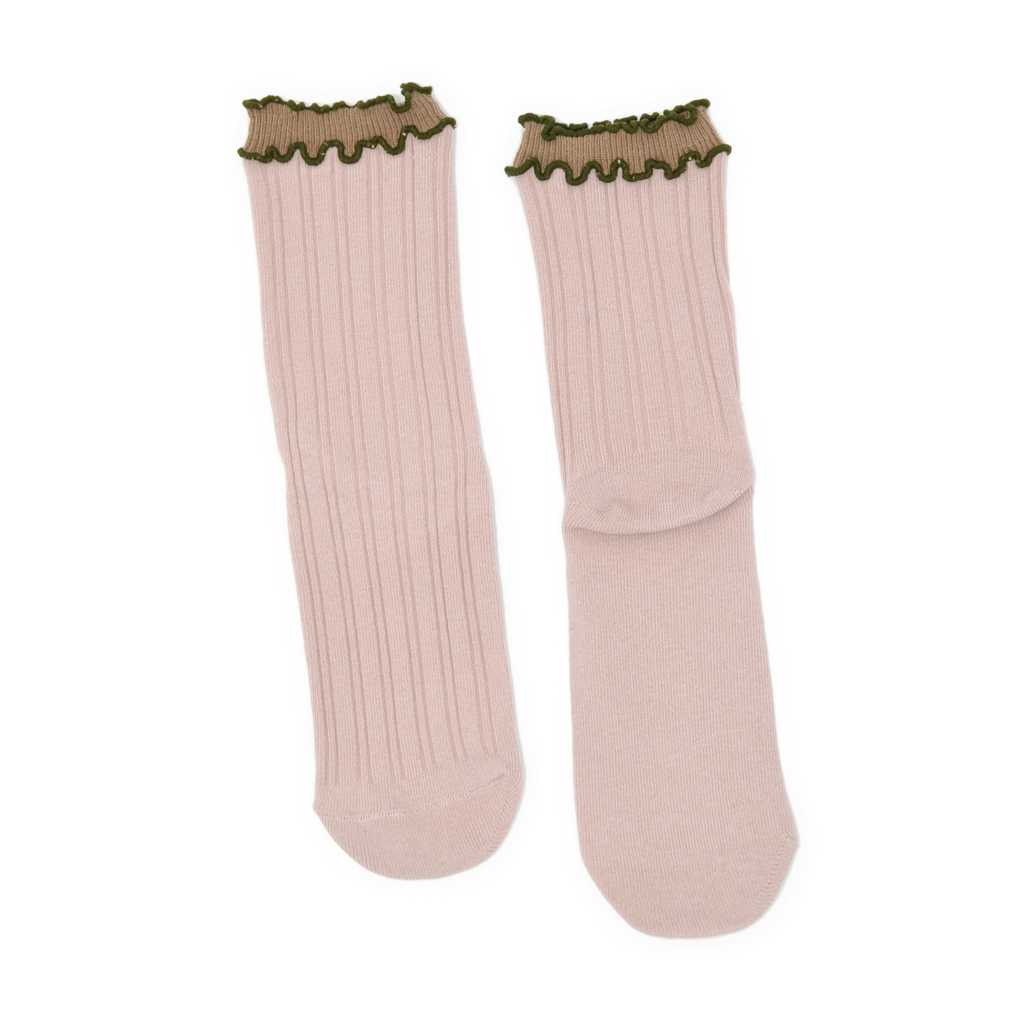 Ribbed Lettuce Edge Quarter Crew Socks - Pink