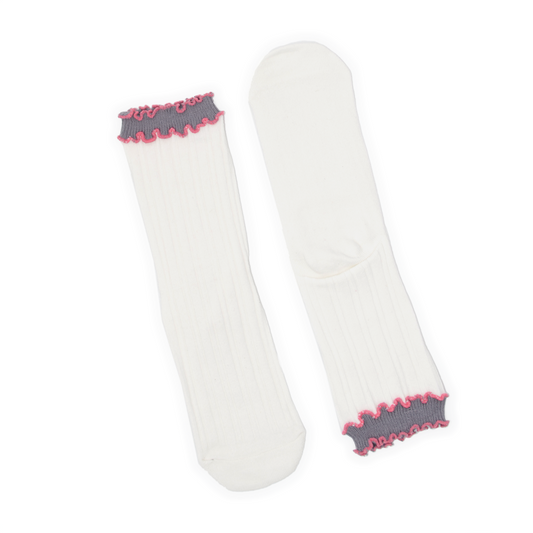 Ribbed Lettuce Edge Quarter Crew Socks - White