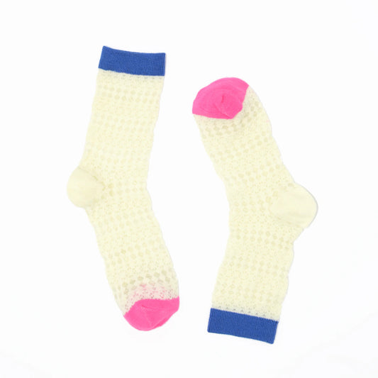 Pair of white socks with pink toes and cuffs on a white background