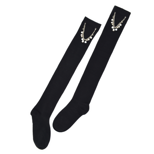 Thigh High Pearl Chain Socks - Black