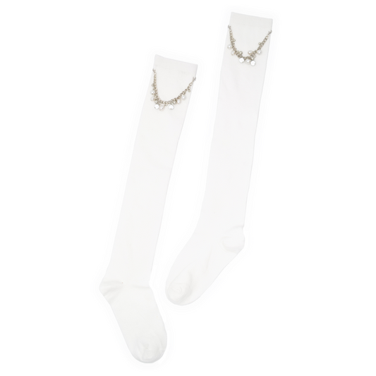Thigh High Pearl Chain Socks - White