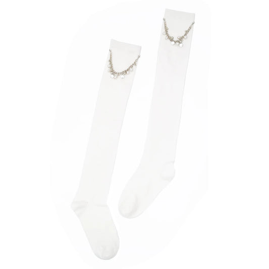White socks with decorative chain designs on a white background