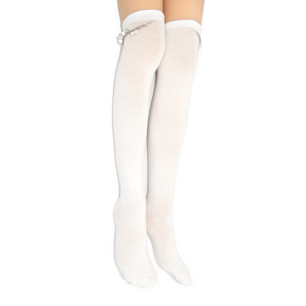 Thigh High Pearl Chain Socks - White