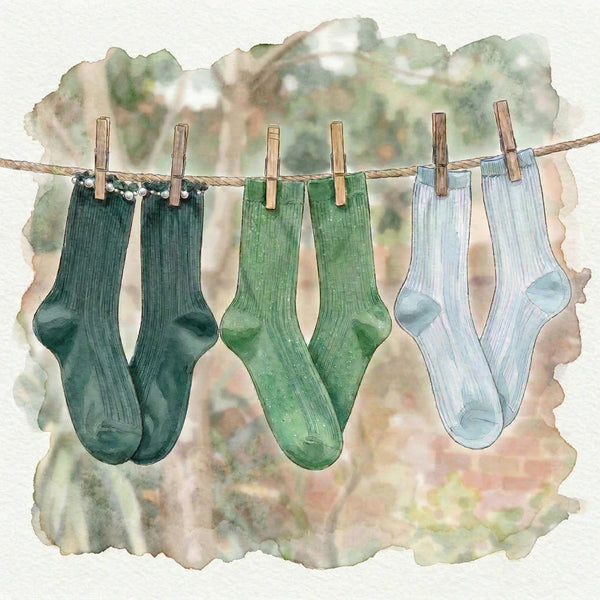 Watercolour illustration of socks hanging on a clothes line