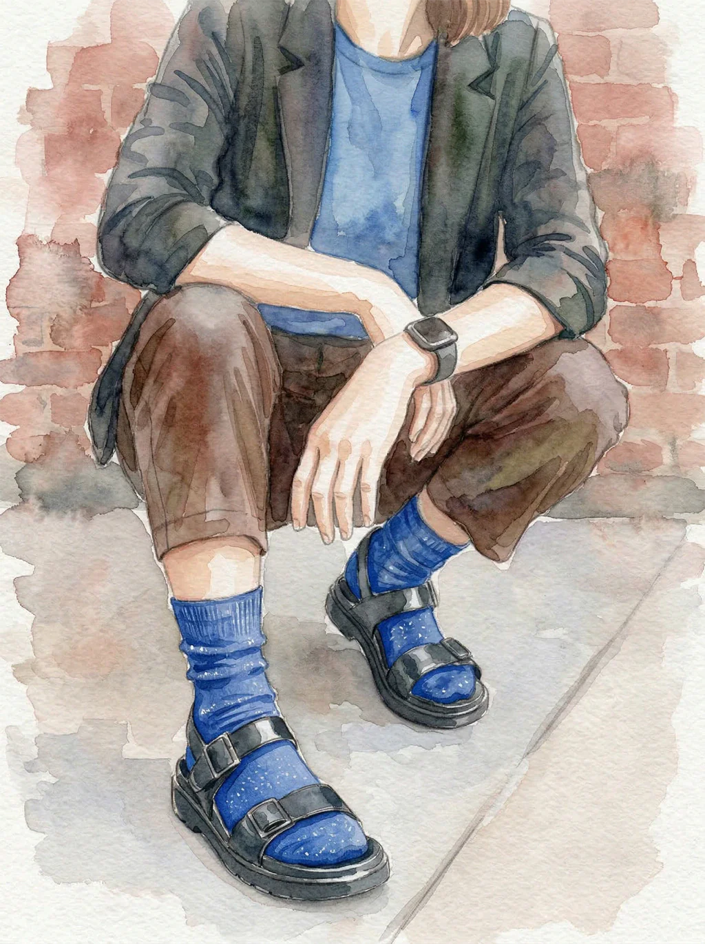 Watercolour illustration of a person wearing bright blue socks and sandals