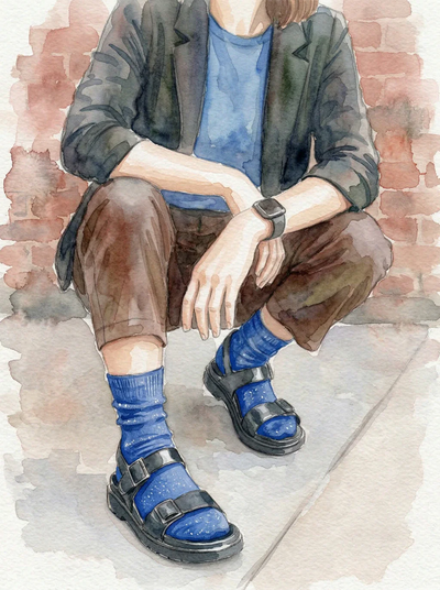 Watercolour illustration of a person wearing bright blue socks and sandals