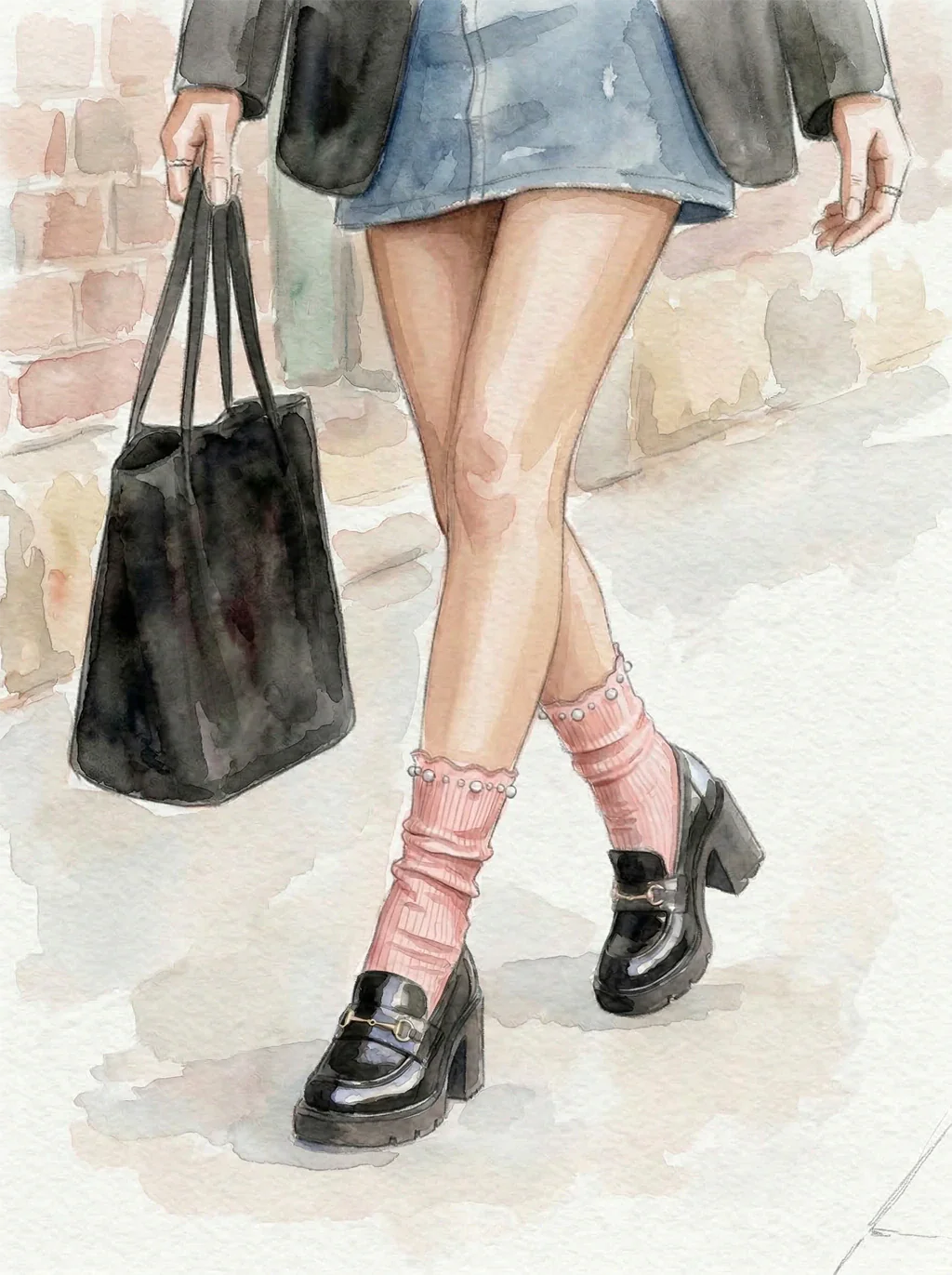 Watercolour illustration of a person wearing socks and heels