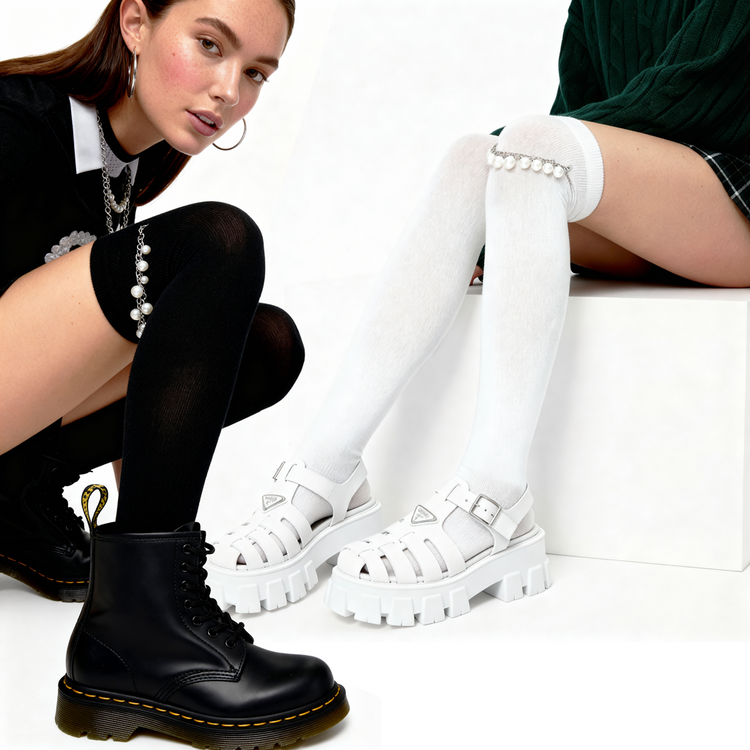 Two models in a white studio wearing thigh-high socks black and white pairs each trimmed with pearl chains styled with a black combat boot and white chunky jelly sandals, preppy outfits, seated on blocks.