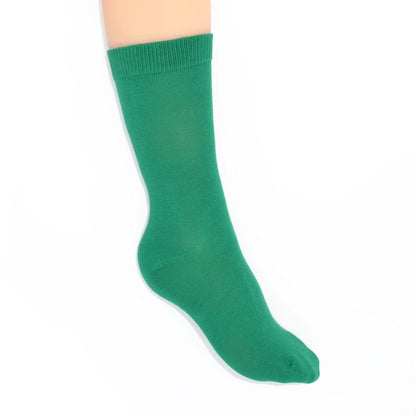 Leg modelling green socks on a white background