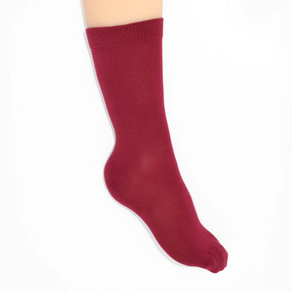 Leg modelling berry red socks on a white background