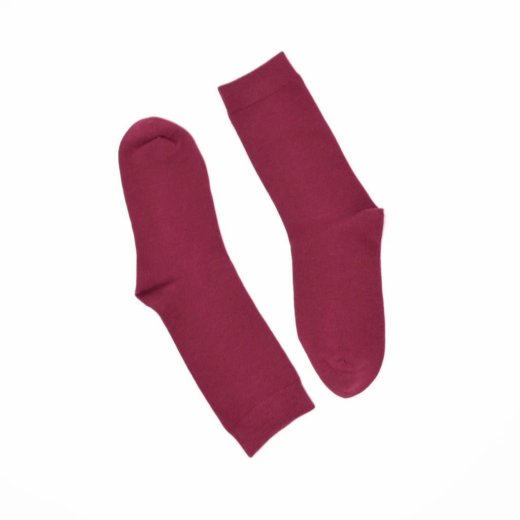 Pair of maroon socks on a white background
