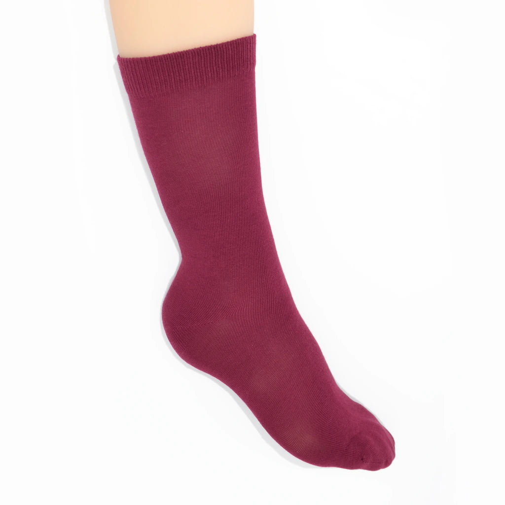 Leg modelling maroon socks on a white background