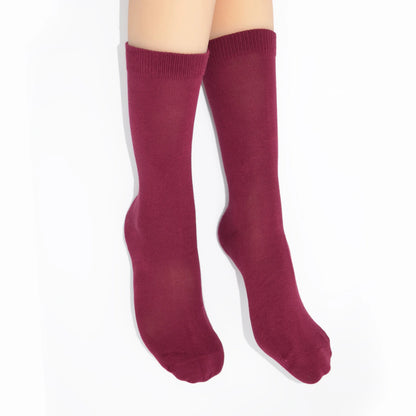 Legs modelling maroon socks on a white background