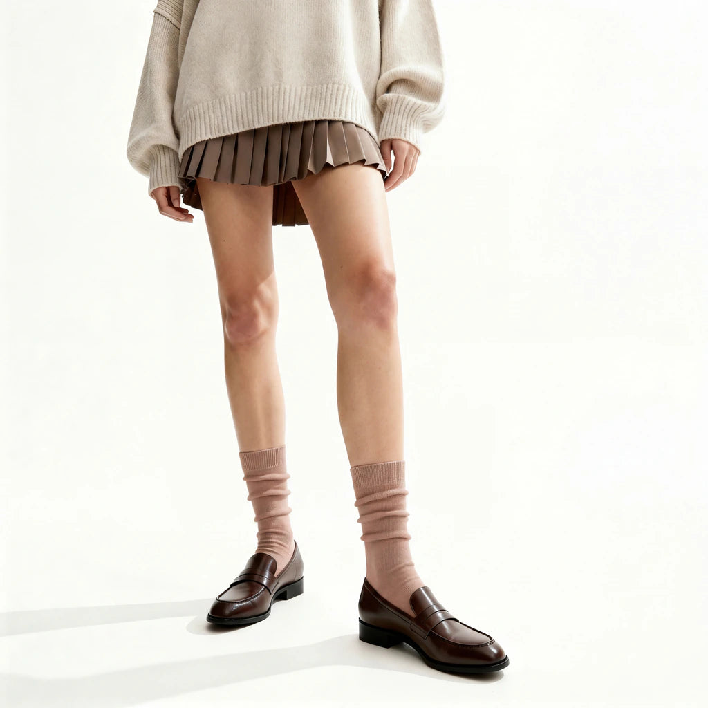 Person wearing a beige sweater, pleated skirt, brown shoes, and beige socks on a white background