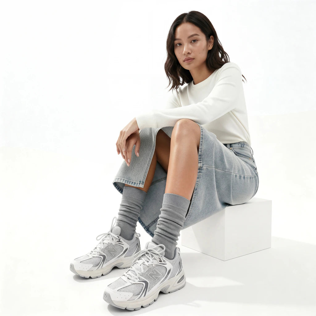 Woman sitting on a white block wearing a white sweatshirt, gray skirt, gray socks, and white sneakers.
