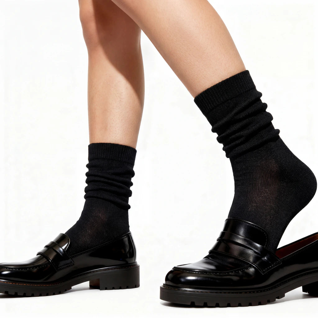 Black socks worn with black shoes on a white background