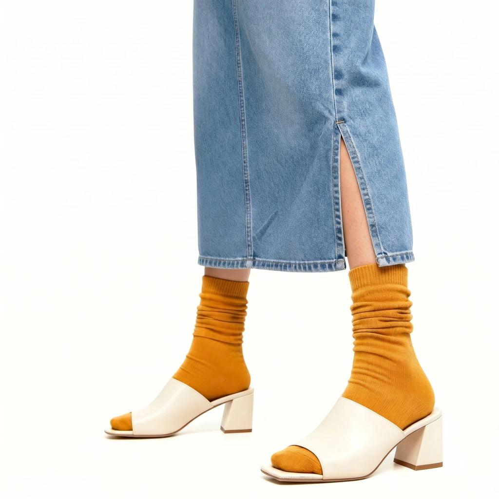 White open-toe shoes with mustard yellow soles worn with light orange socks and blue jeans on a white background.