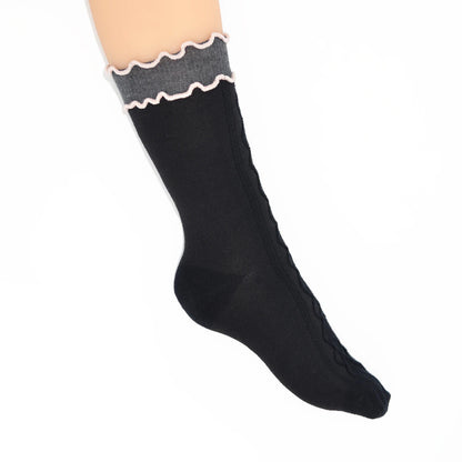 Alice Cable Knit Lettuce Quarter Crew - Black