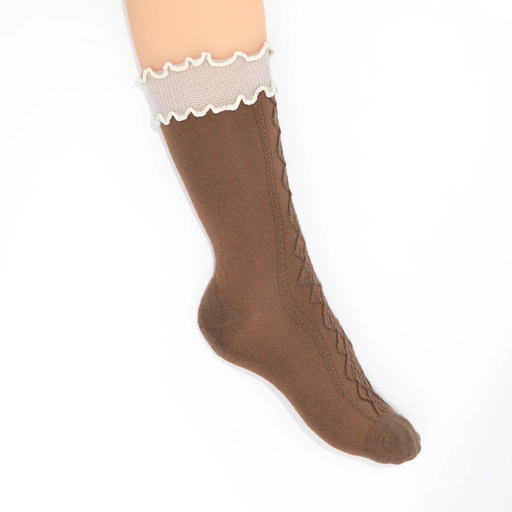 Alice Cable Knit Lettuce Quarter Crew - Chocolate